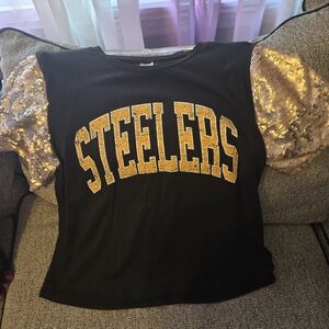 Steelers Women Shirt with Gold Sequin Sleeves